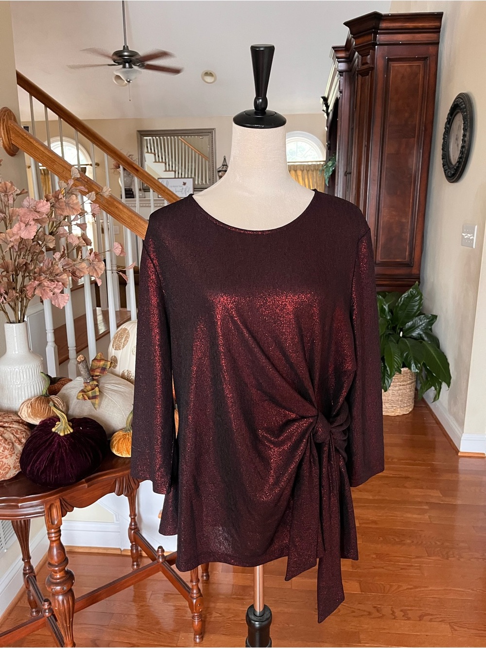 Chico’s Metallic Tie-Front Women’s Top - Burgundy